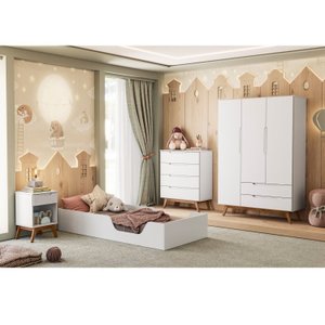 Quarto de Bebê Montessoriano Completo com Cama,  Cômoda, Guarda roupa e mesa de cabeceira  Retrô Sonhare