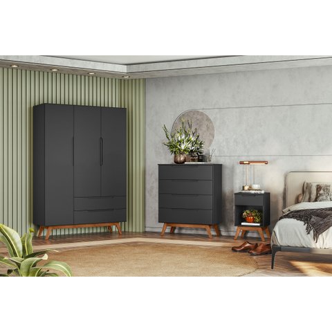 Conjunto de Guarda-Roupa e Comoda Retrô Solteiro Havanna - Quarto Moderno e Aconchegante