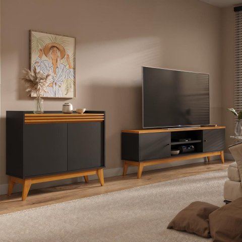 Conjunto Sala de Estar Buffet 2 Portas Ripado e Rack para Tv até 75 Polegadas - Vianossa