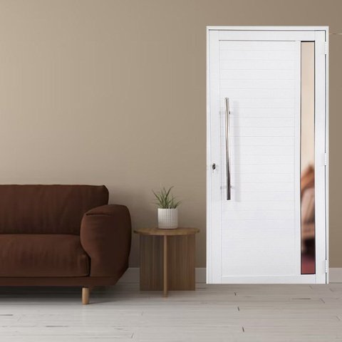Porta Lambril de Alumínio 210 x 80cm com Puxador e Visor Linha 30 Abertura Direita Branco Esquadrias Bergamo