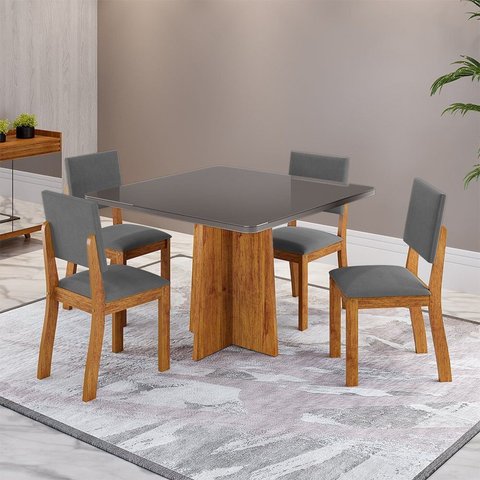 Conjunto de Mesa 4 Lugares Tulipa com Tampo de Vidro e Cadeiras Cinza