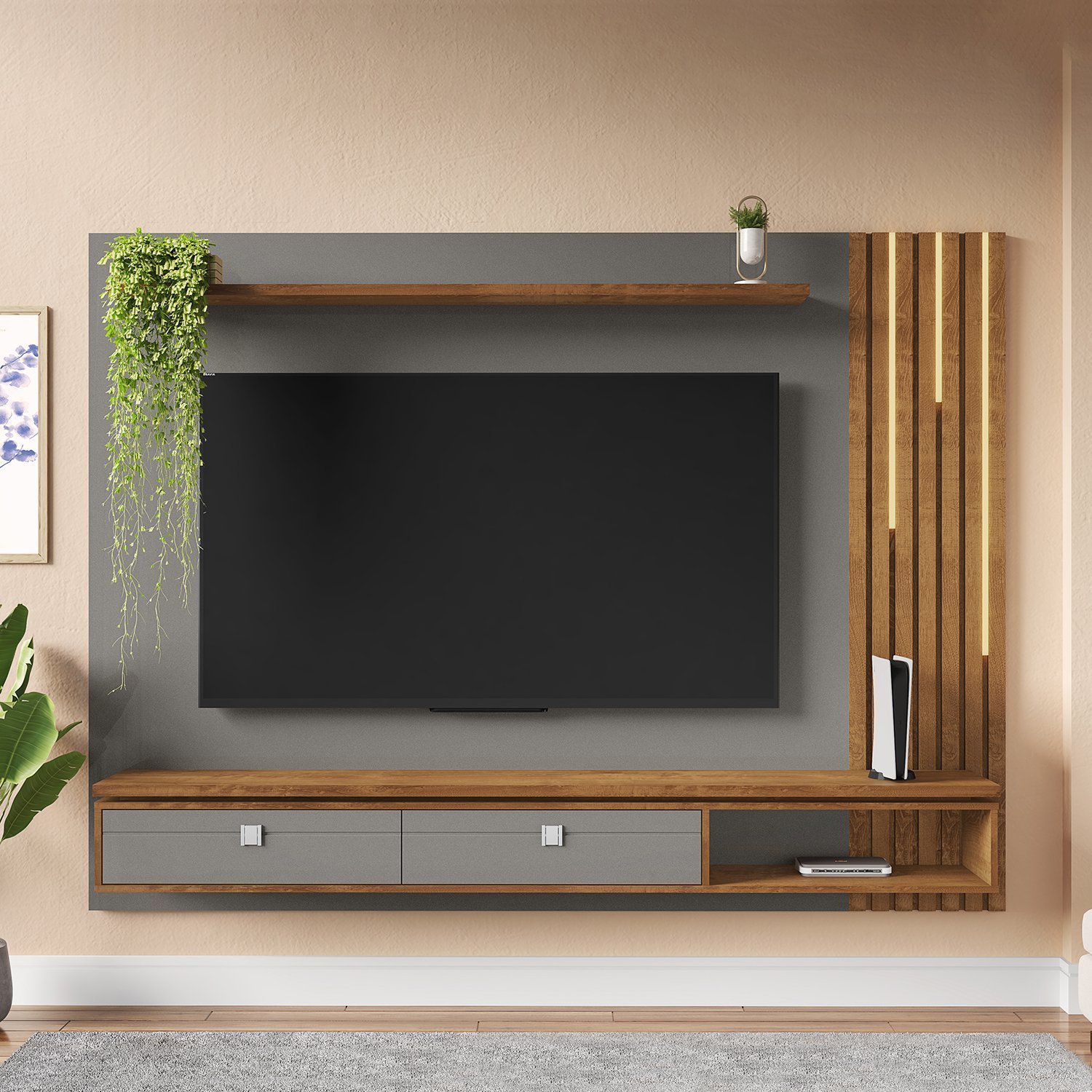 Painel Ripado Autêntico para TV até 80 Polegadas 2 Gavetas com Friso Decorativo Luminária LED Cascat - 1