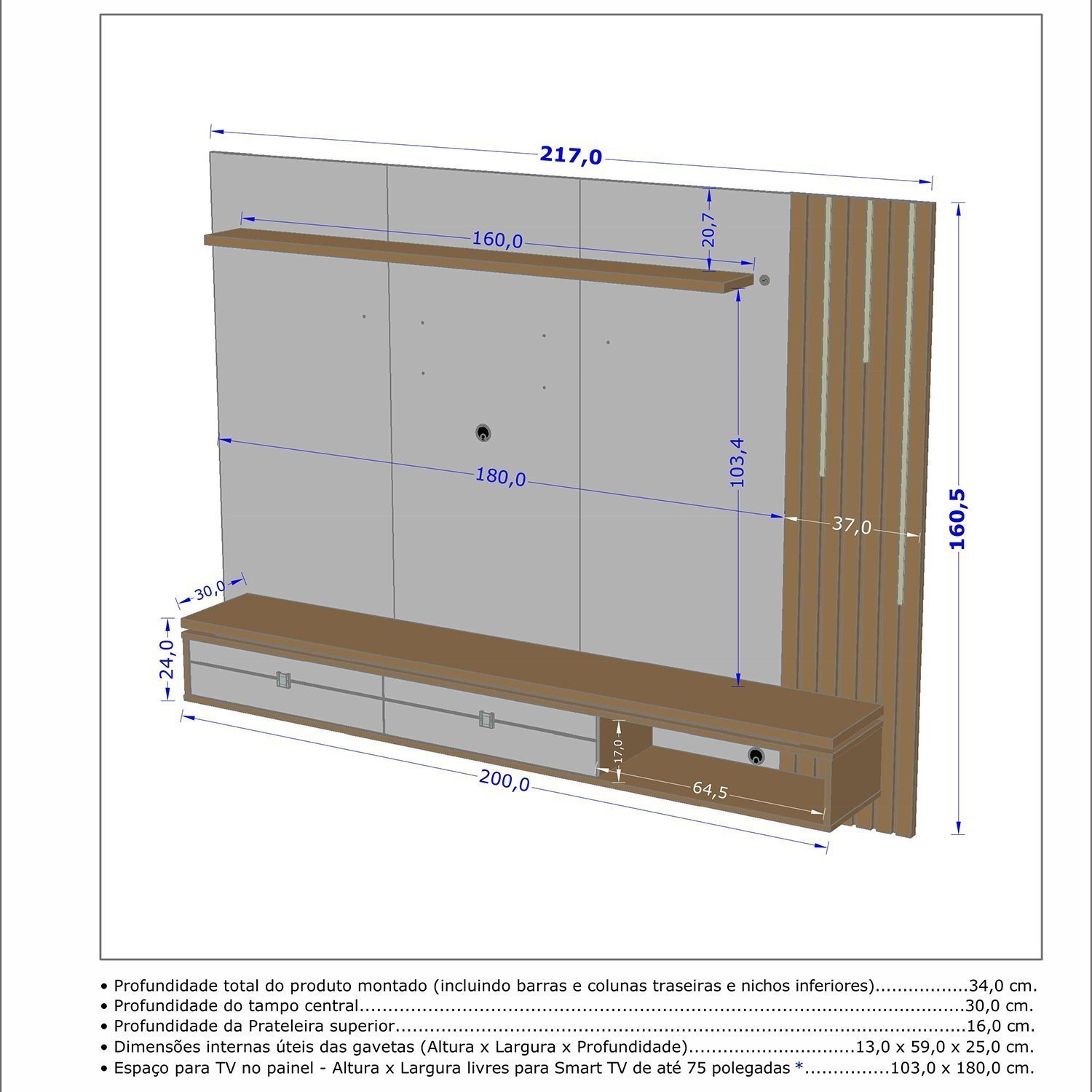 Painel Ripado Autêntico para TV até 80 Polegadas 2 Gavetas com Friso Decorativo Luminária LED Cascat - 4