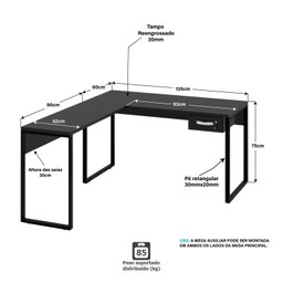 Mesa de Canto em L Escrivaninha com 1 Gaveta Industrial 135x150cm - 4