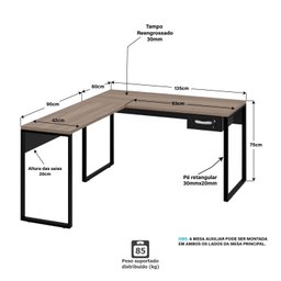 Mesa de Canto em L Escrivaninha com 1 Gaveta Industrial 135x150cm - 4