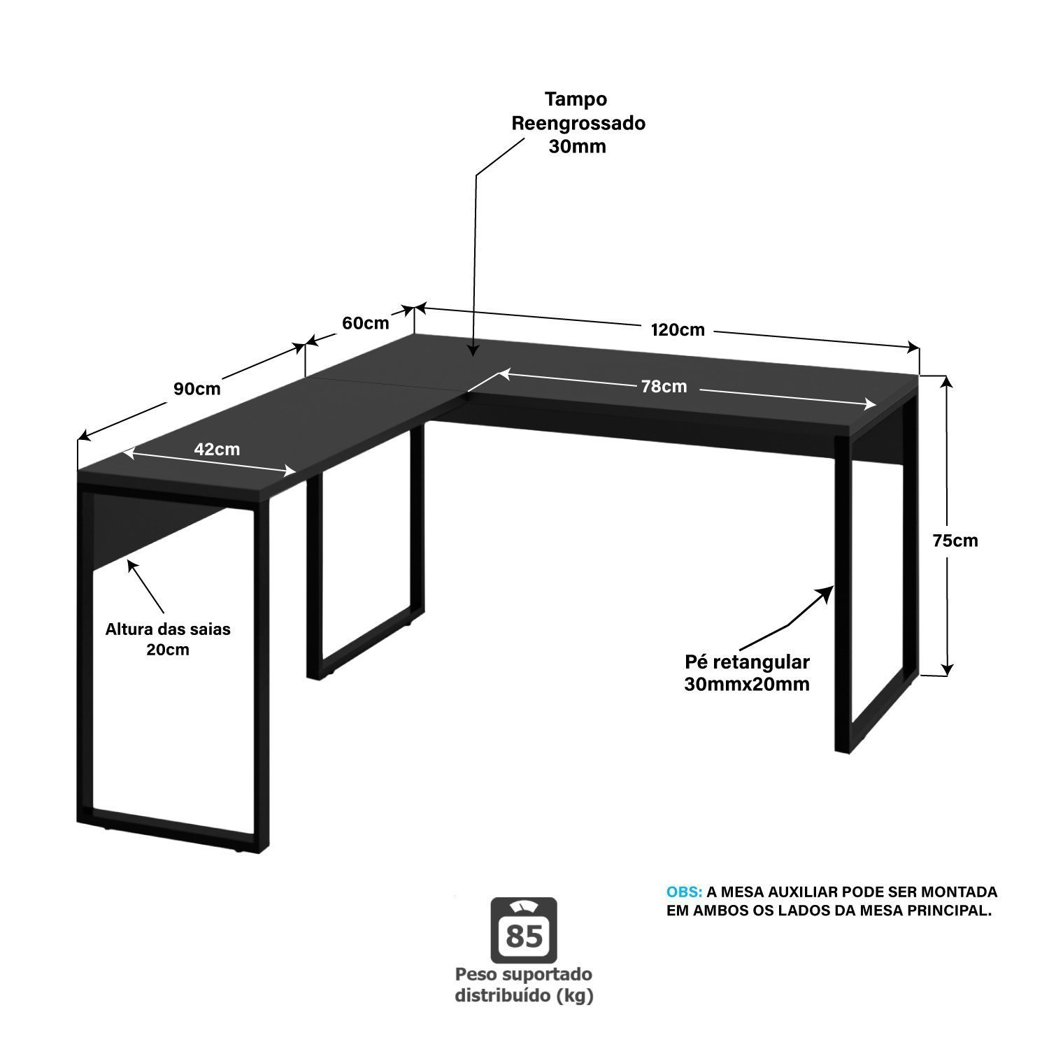 Mesa de Canto em L Escrivaninha Industrial 120x150cm - 3