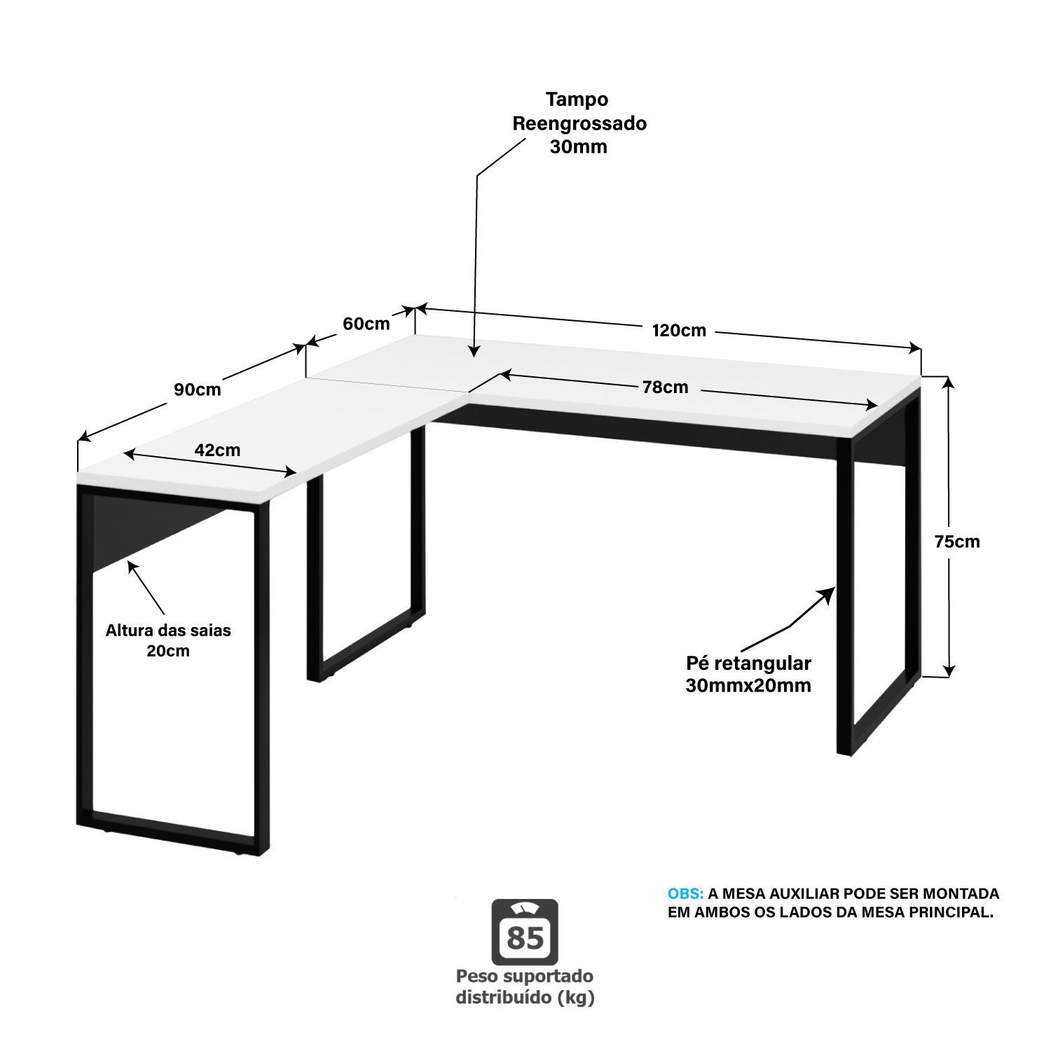 Mesa de Canto em L Escrivaninha Industrial 120x150cm - 3