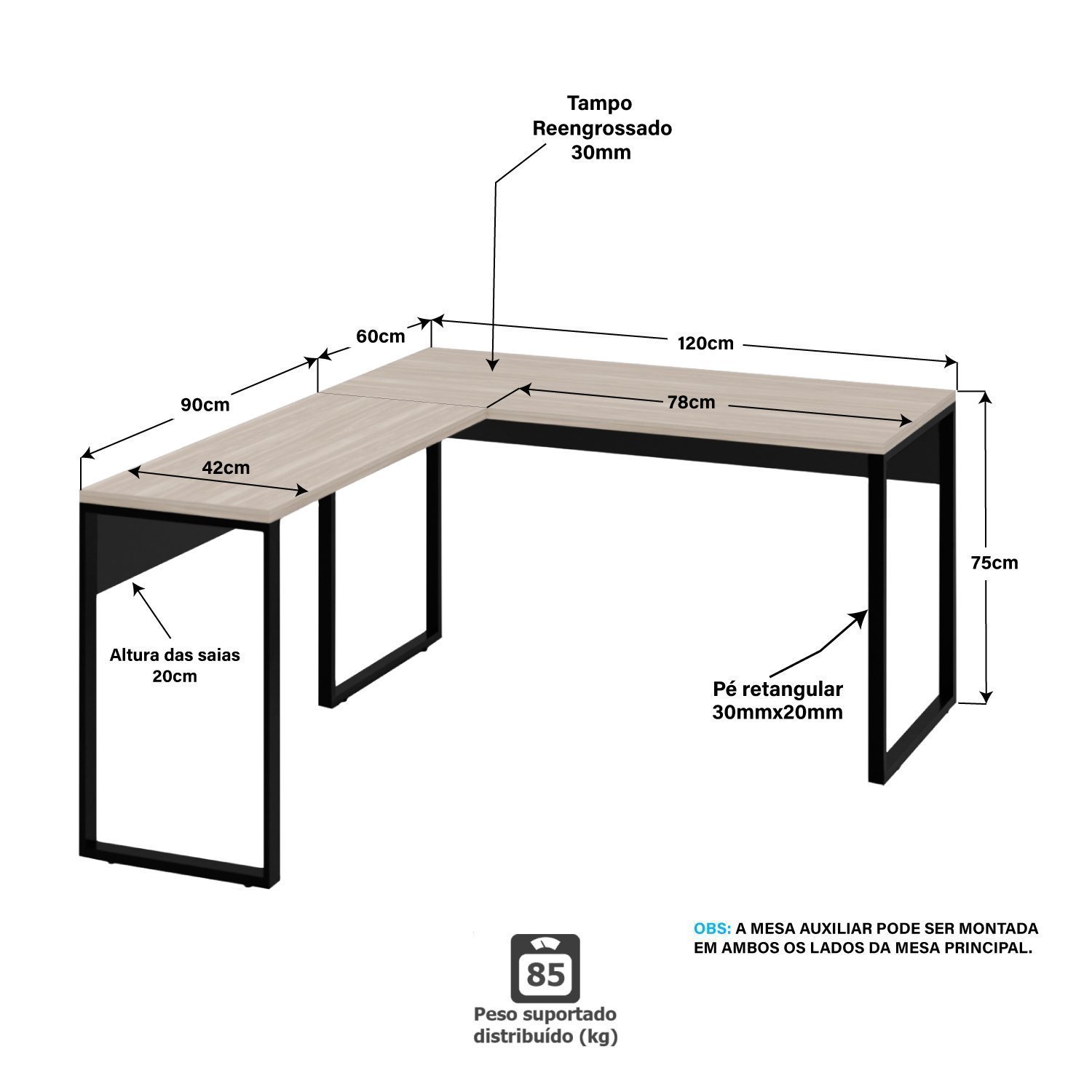 Mesa de Canto em L Escrivaninha Industrial 120x150cm - 4