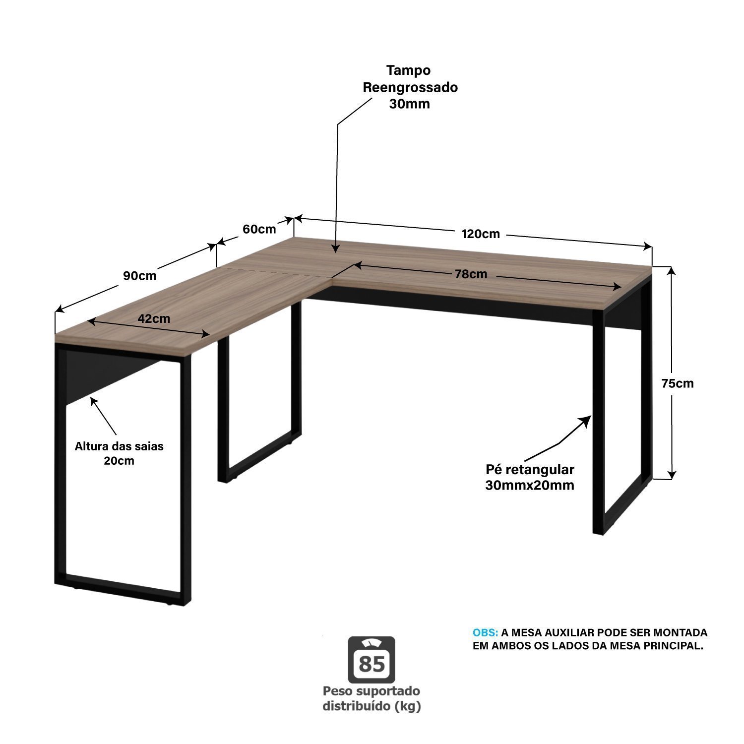 Mesa de Canto em L Escrivaninha Industrial 120x150cm - 3