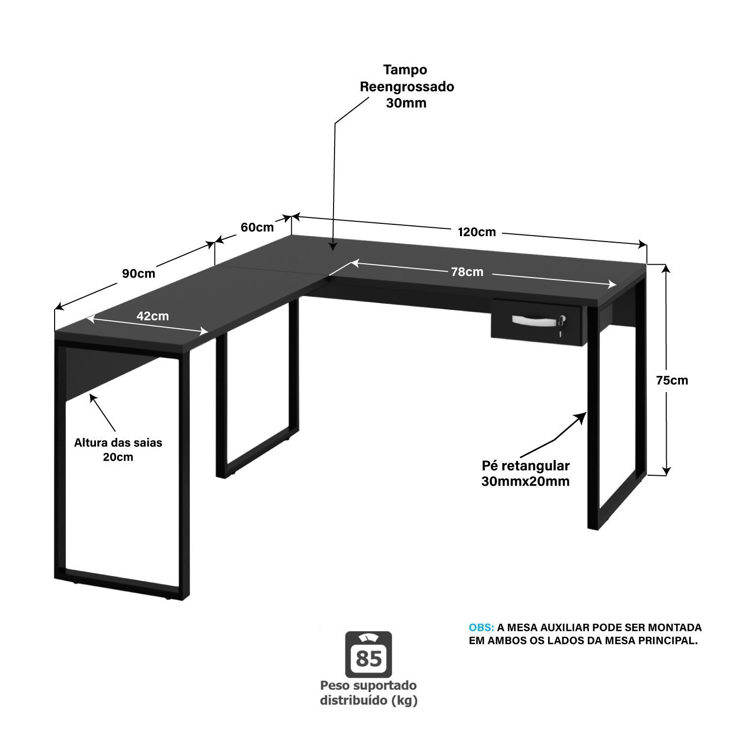 Mesa de Canto em L Escrivaninha com 1 Gaveta Industrial 120x150cm - 4