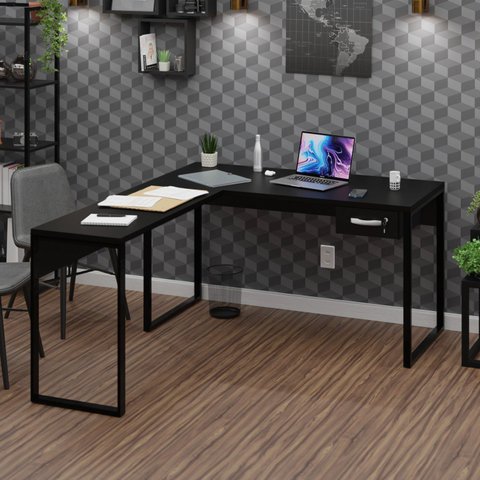 Mesa de Canto em L Escrivaninha com 1 Gaveta 120cm Industrial Preto