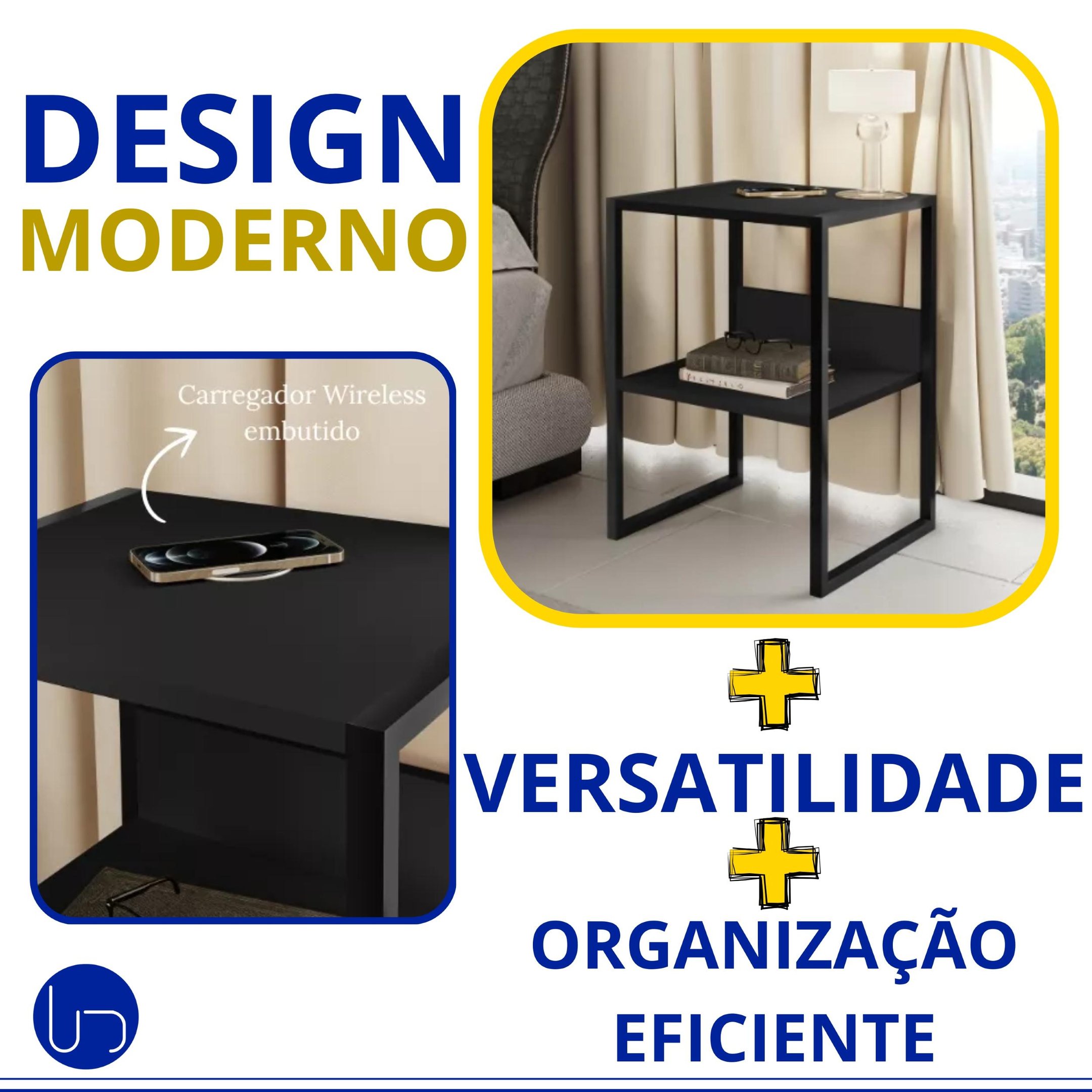 Mesa Cabeceira Industrial Carregador Wireless Embutido Design Moderno Tecnologia Sofisticado Decoraç - 5