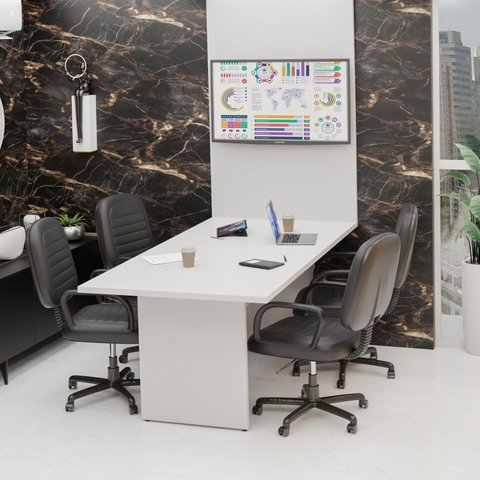 Mesa de Reunião para Escritório com Painel de TV 200x100cm Branco