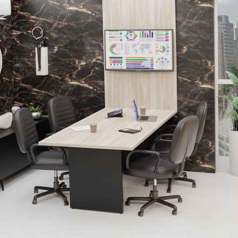 Mesa de Reunião para Escritório com Painel de TV 200x100cm Bege/Carvalho