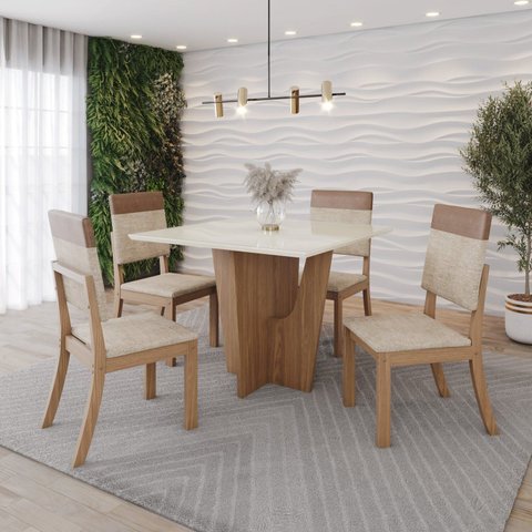 Conjunto Mesa Vértice 90cm com Vidro 04 Cadeiras Milla Plus Bege/Nature/Off White/Caramelo/Creme