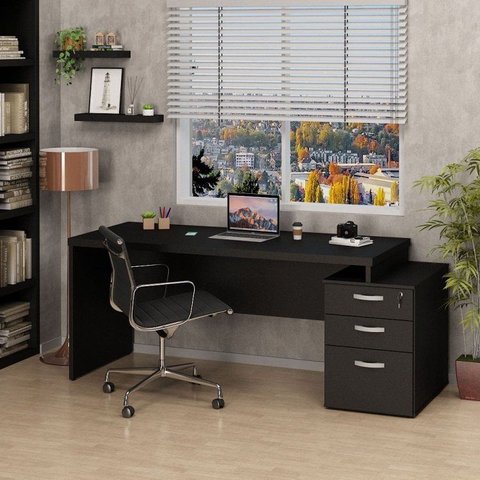 Mesa de Escritório Pedestal 3 Gavetas 190cm Preto