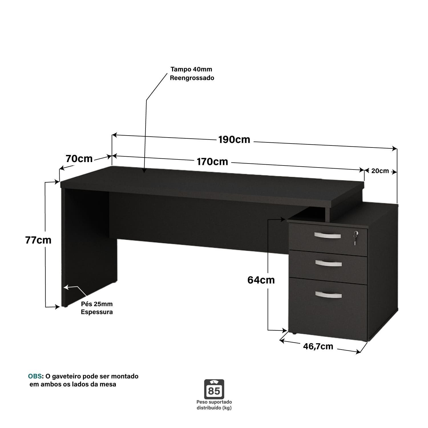 Mesa de Escritório Pedestal 3 Gavetas 190x70cm - 3