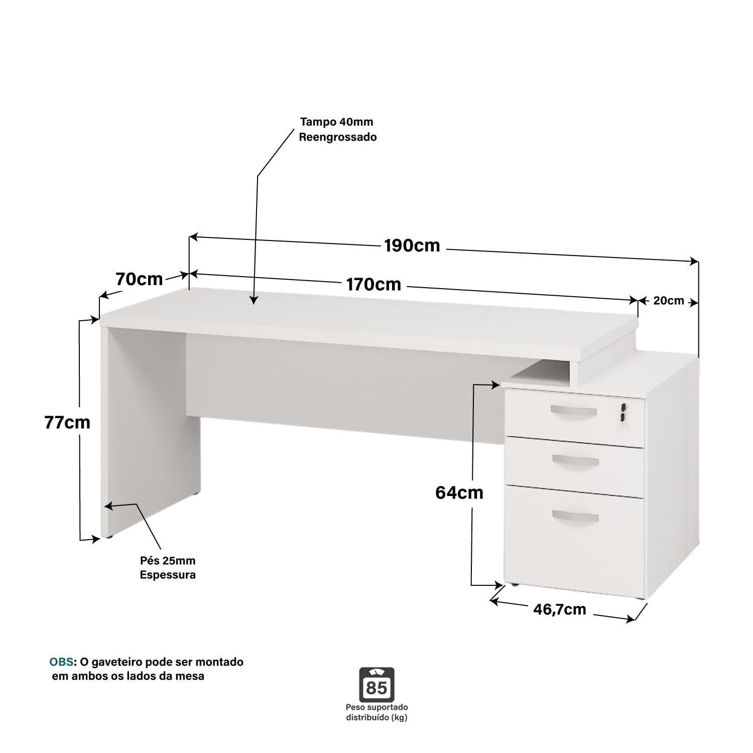 Mesa de Escritório Pedestal 3 Gavetas 190x70cm - 4