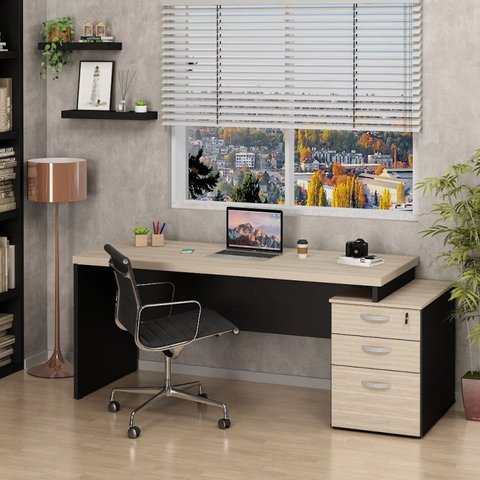 Mesa de Escritório Pedestal 3 Gavetas 190cm Carvalho Bege