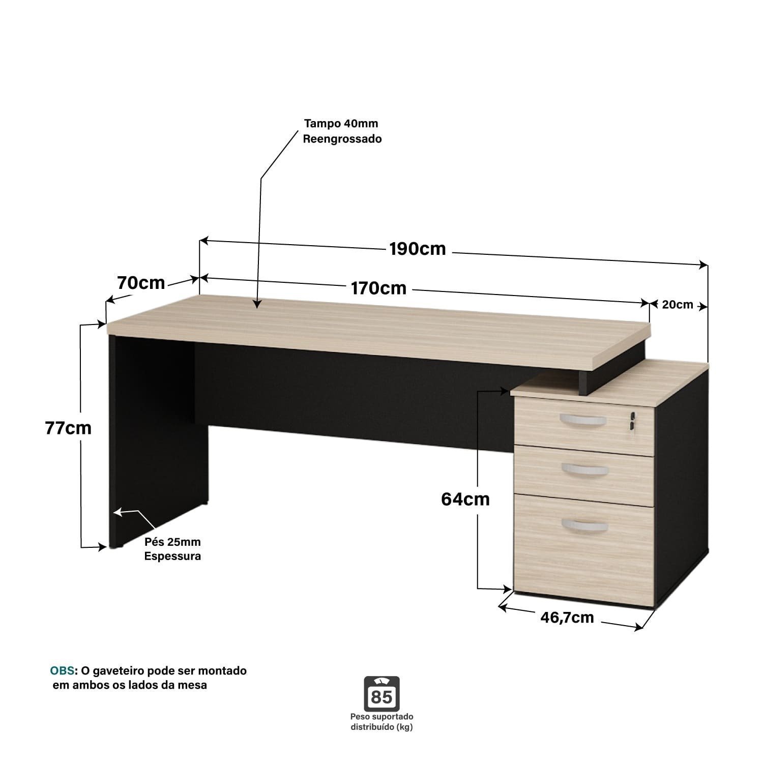 Mesa de Escritório Pedestal 3 Gavetas 190x70cm - 4