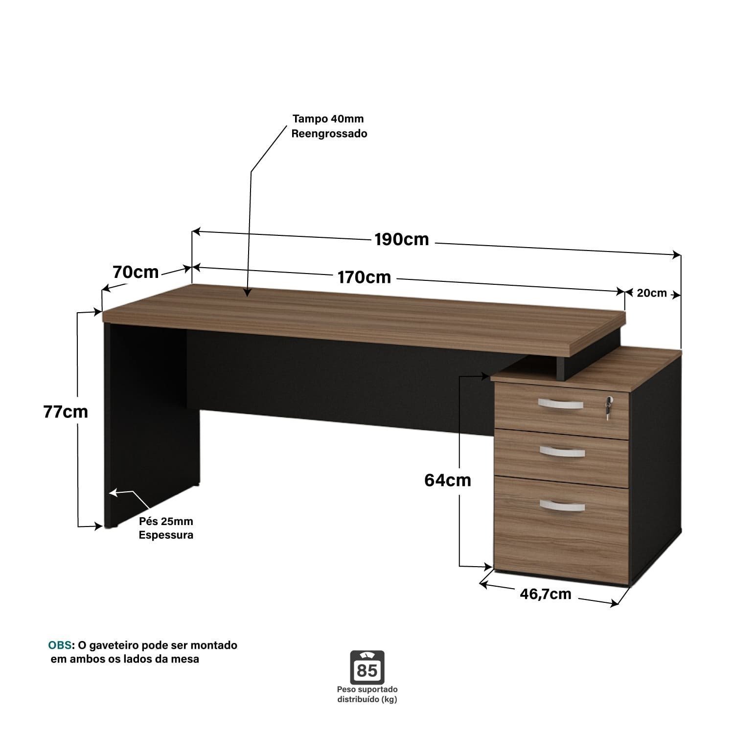 Mesa de Escritório Pedestal 3 Gavetas 190x70cm - 4