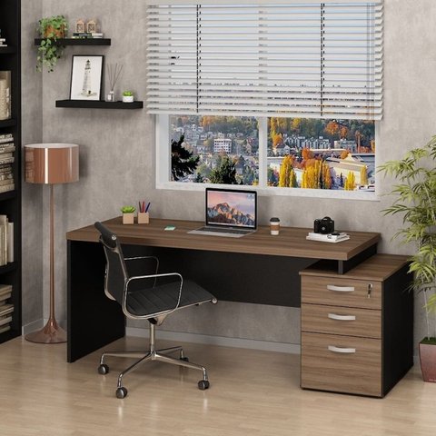 Mesa de Escritório Pedestal Retangular em Office 3 Gavetas 190cm Nogal Marrom