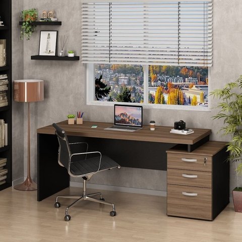 Mesa de Escritório Pedestal Retangular em Office 3 Gavetas 190cm Nogal