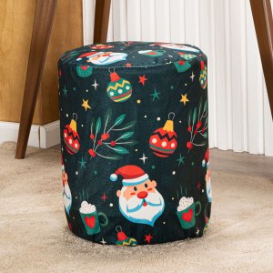 Capa de Puff Redondo Grande Avulsa Estampada Natalina Ajustável com Elástico - Tecido Veludo Decoraç