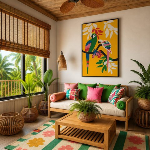 Quadro Canvas Papagaios Tropicais 40X30cm Mold Branca