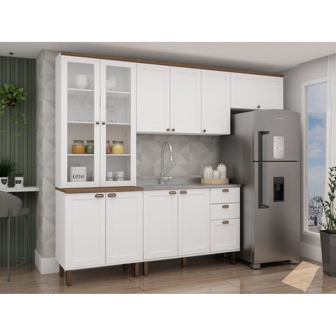 Cozinha Completa Modulada com Cristaleira 100% MDF Iluminata Branco/Ébano