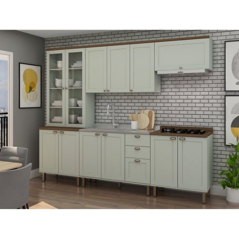 Cozinha Completa Modulada com Cristaleira e Balcão para Cooktop 100% MDF Iluminata Verde/Mint/Ébano