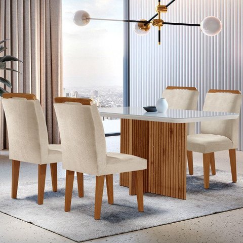 Sala de Jantar Mesa 120cm Mdf Vidro Canto Copo 4 Cadeiras
