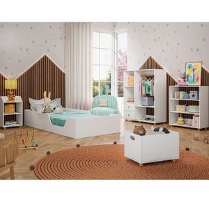 Quarto Infantil Completo com Cama Guarda Roupa Estante Mesa de Cabeceira e Baú Serelepe