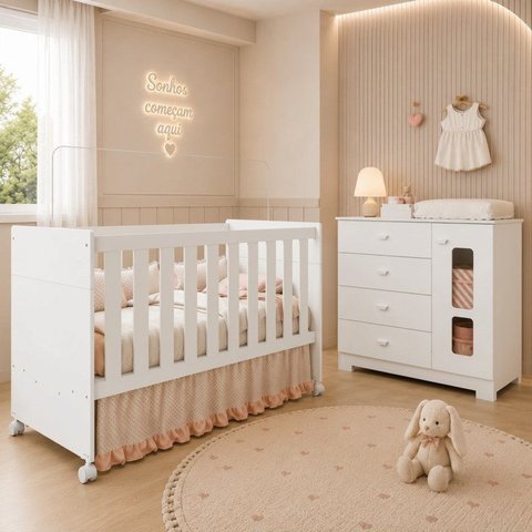 Quarto Completo Katatau para Quarto de Bebê 100% MDF com Cômoda Sapateira e Berço 3 em 1