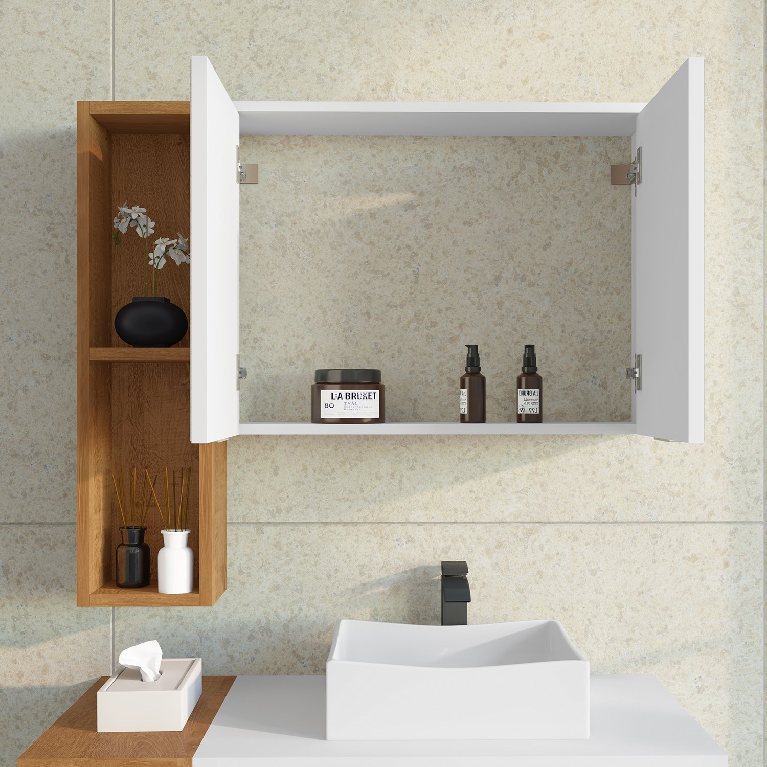 Espelheira Para Banheiro Ibiza 2 Portas com Espelho Nicho Multifuncional Puxador de Alumínio - 2
