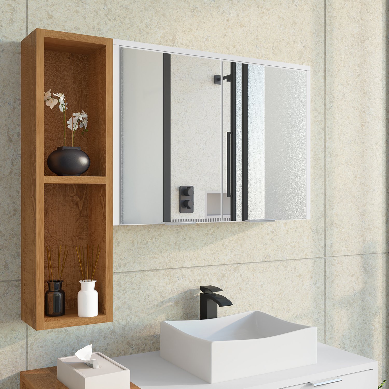 Espelheira Para Banheiro Ibiza 2 Portas com Espelho Nicho Multifuncional Puxador de Alumínio - 1