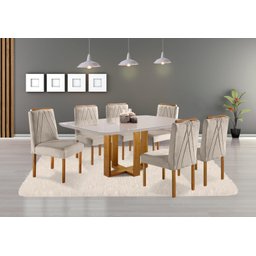 Conjunto Sala de Jantar Lisy 6 Lugares Madeira Maciça Tampo com Vidro Veludo Bege - 1