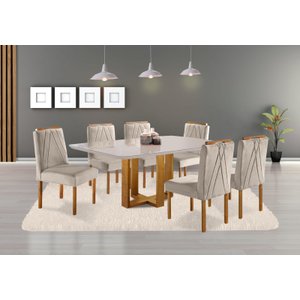 Conjunto Sala de Jantar Lisy 6 Lugares Madeira Maciça Tampo com Vidro Veludo Bege