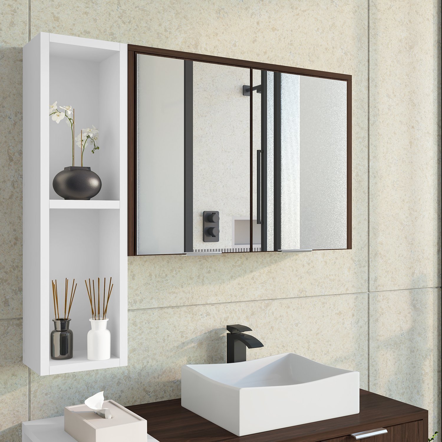 Espelheira Para Banheiro Ibiza 2 Portas com Espelho Nicho Multifuncional Puxador de Alumínio