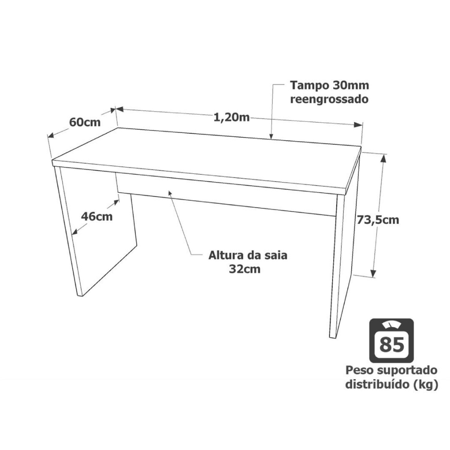 Mesa De Escritório Escrivaninha 120x60cm Tampo 30mm - 3