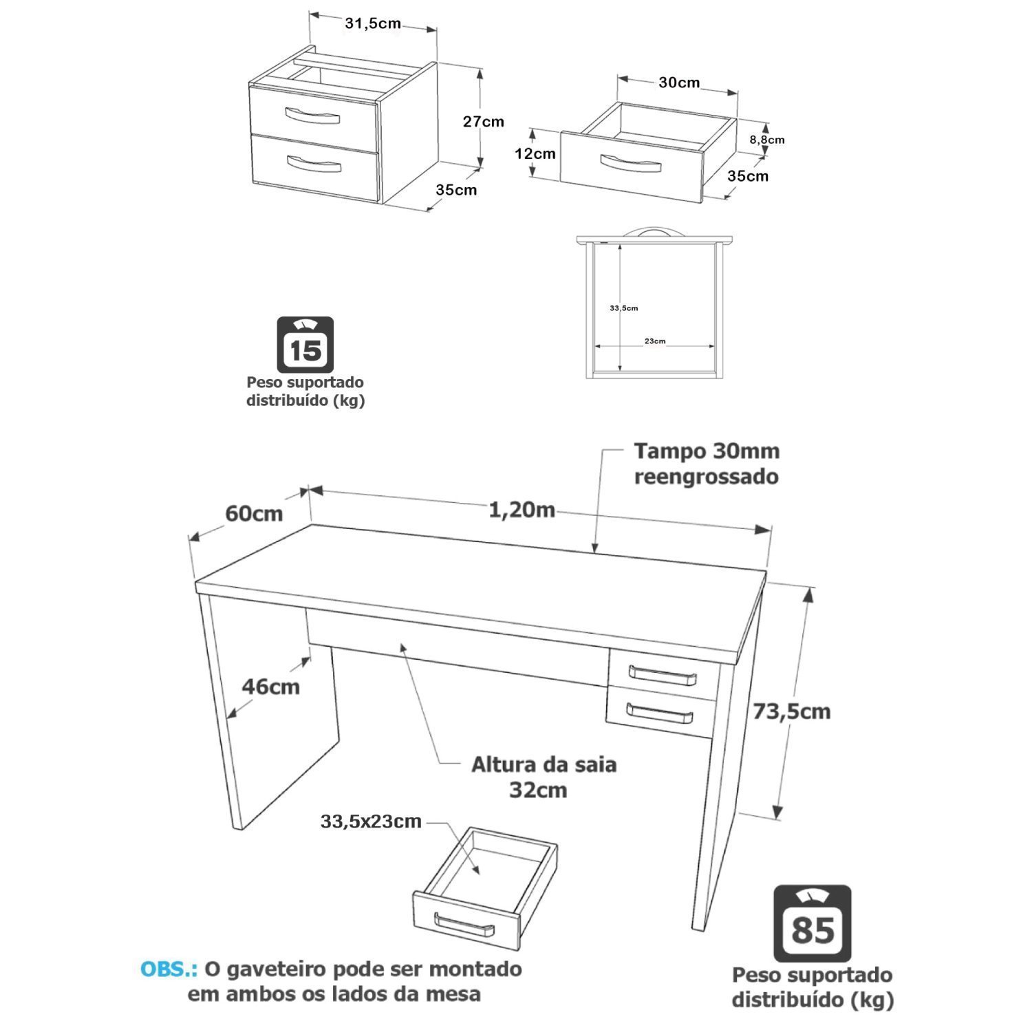 Mesa De Escritório 120x60cm com Gaveta Tampo 30mm - 3