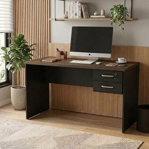 Escrivaninha Mesa de Escritório com 2 Gavetas 120cm Marrom Nogal/Preto