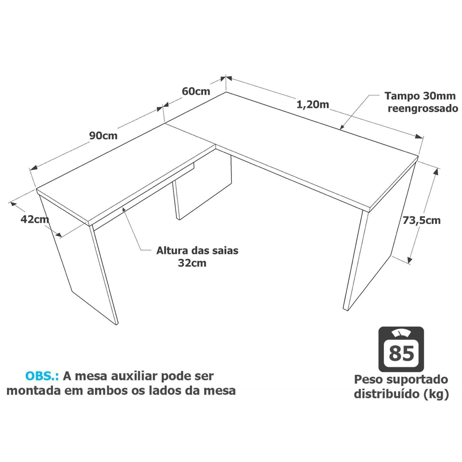 Mesa De Escritório em L 120x150cm Tampo 30mm - 3