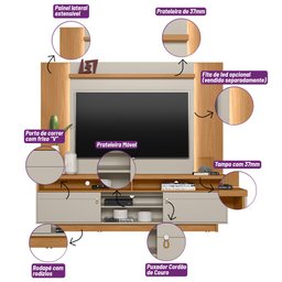 Rack Araçatuba com Painel Aurora para TV até 60'' Nature/Off White - Linea - 6