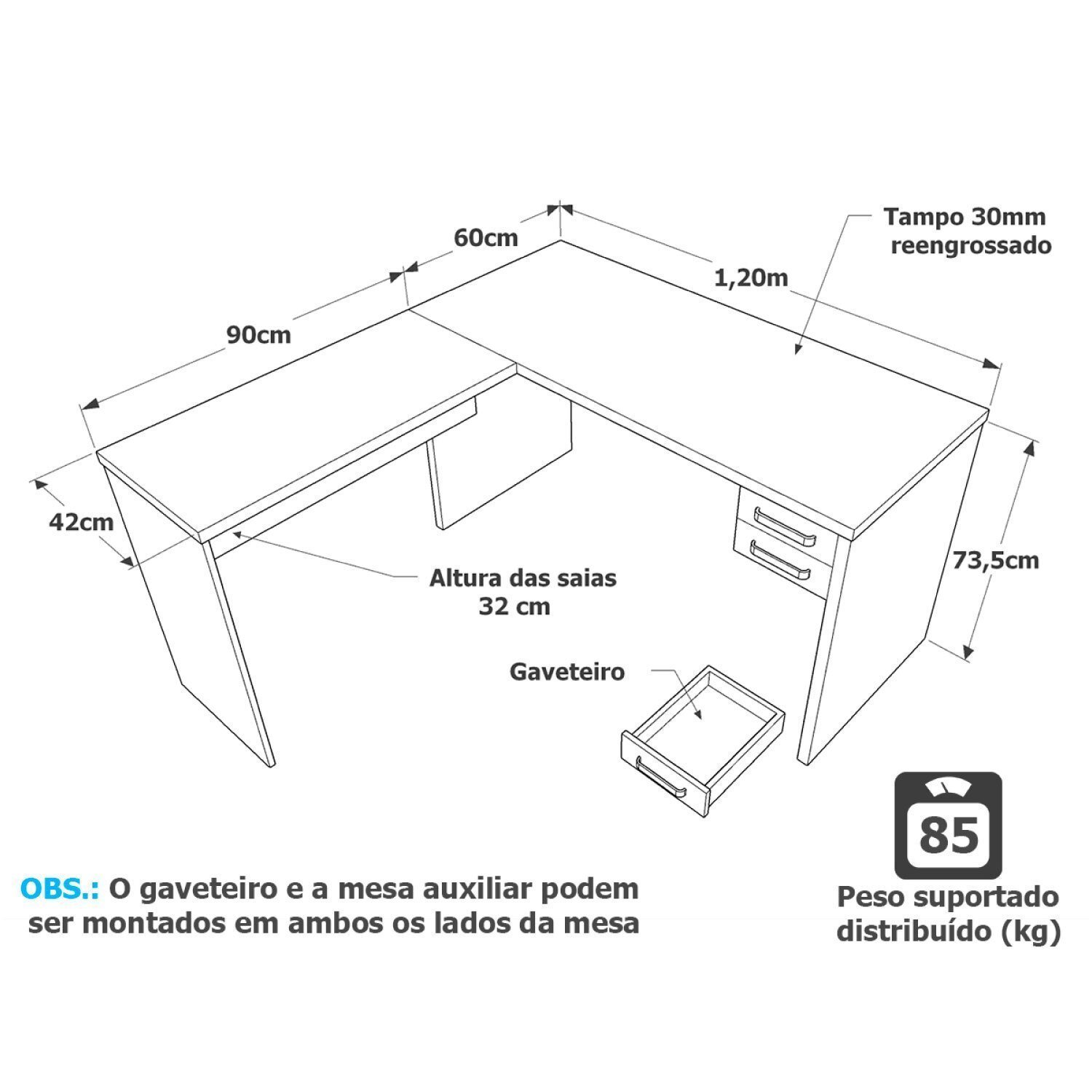 Mesa De Escritório em L 120x150cm com Gaveta Tampo 30mm - 3
