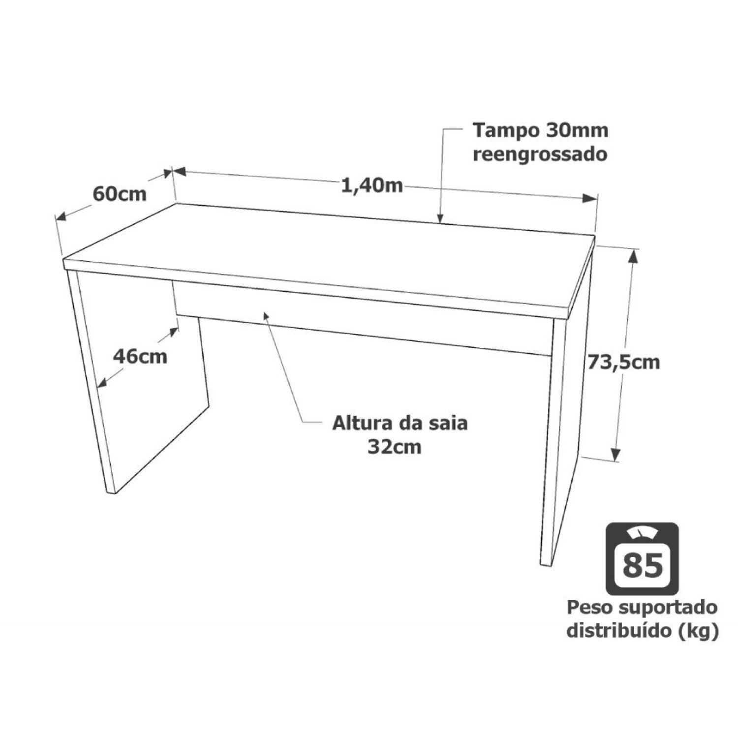Mesa De Escritório Escrivaninha 140x60cm Tampo 30mm - 3