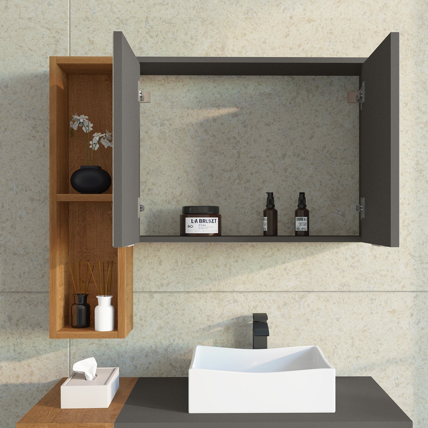 Espelheira Para Banheiro Ibiza 2 Portas Com Espelho Nicho Multifuncional Puxador De Aluminio - 2