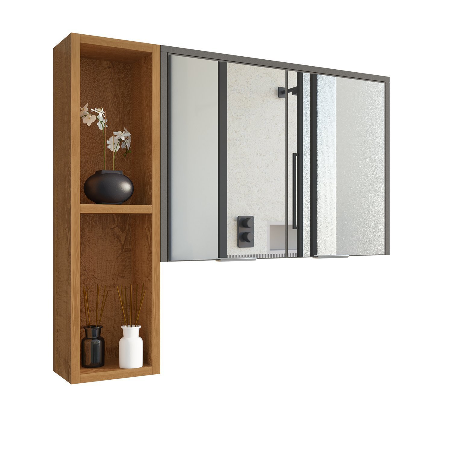 Espelheira Para Banheiro Ibiza 2 Portas Com Espelho Nicho Multifuncional Puxador De Aluminio - 3