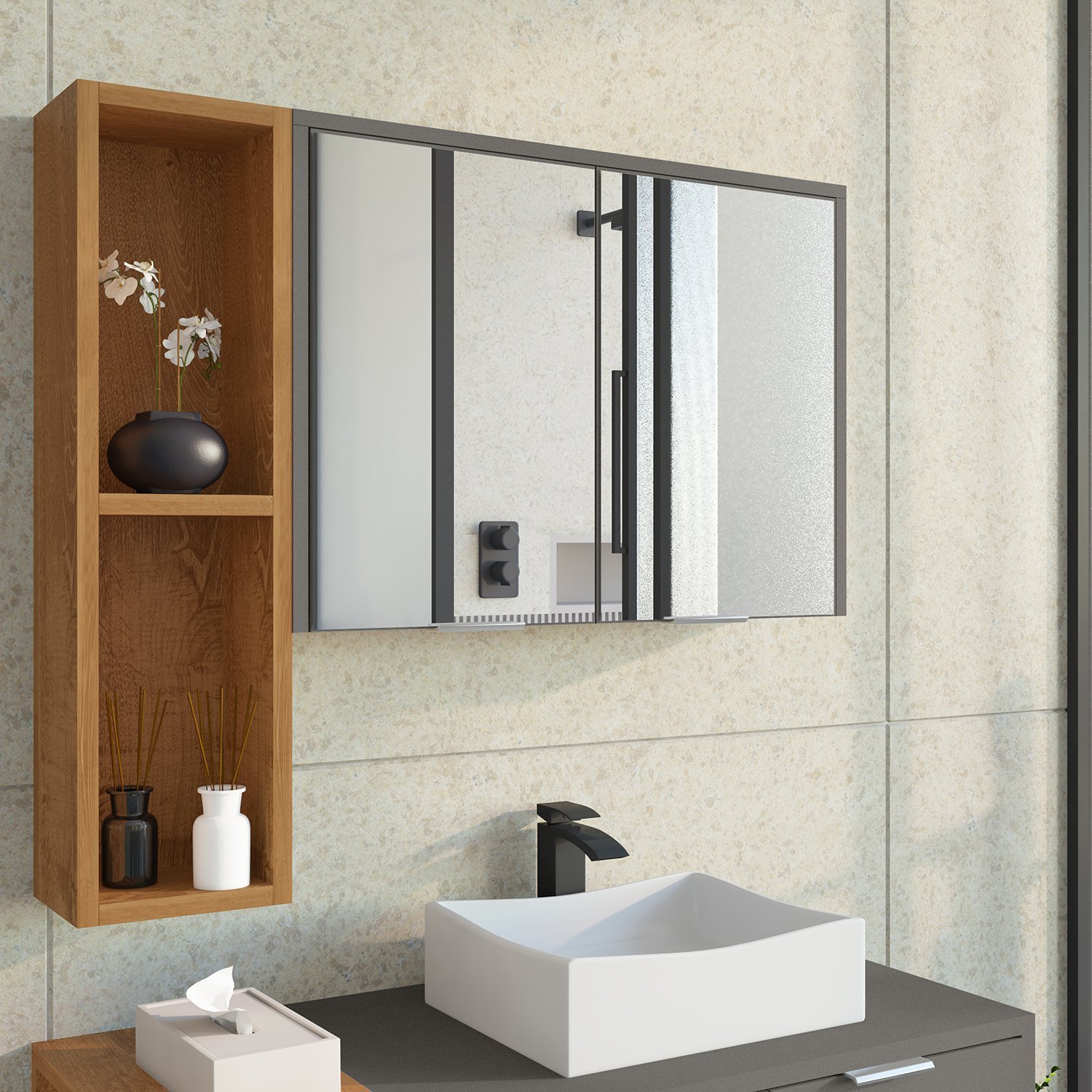 Espelheira Para Banheiro Ibiza 2 Portas com Espelho Nicho Multifuncional Puxador de Alumínio
