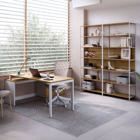 Mesa Escrivaninha em L com Balcão Lateral Gavetas Porta e 2 Estantes Escritório 3 Gavetas 180cm Indu